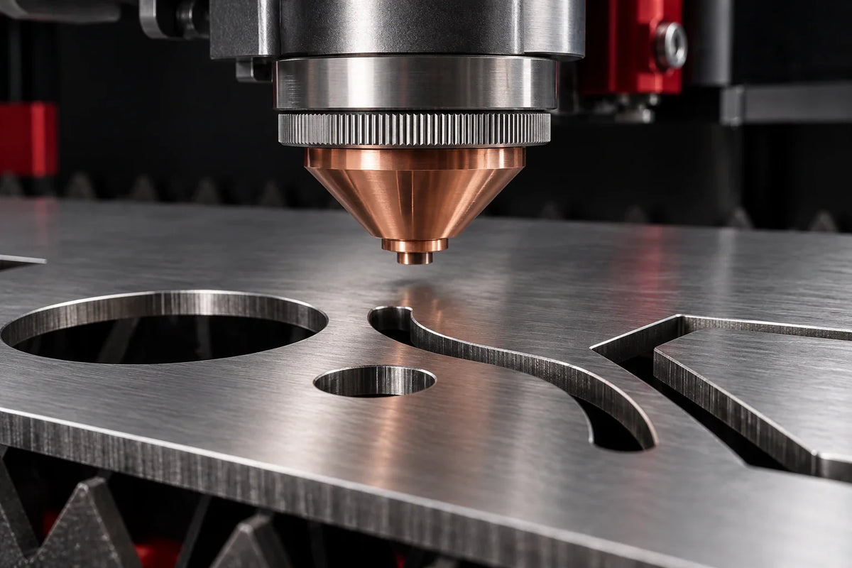 Konzeptionelle Nahansicht einer Schneiddüse über einer Metallplatte mit Schnittkonturen.
