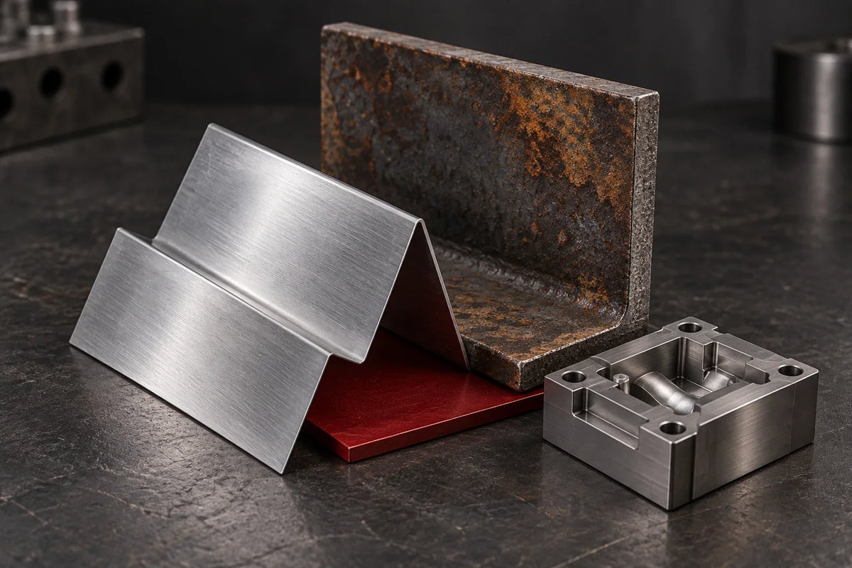 Konzeptionelles Materialmotiv mit feinem Metallbauteil und großflächigem Stahlprofil.