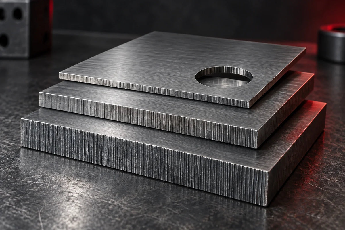 Konzeptionelle Nahansicht unterschiedlich dicker Metallplatten mit sichtbaren Schnittkanten.