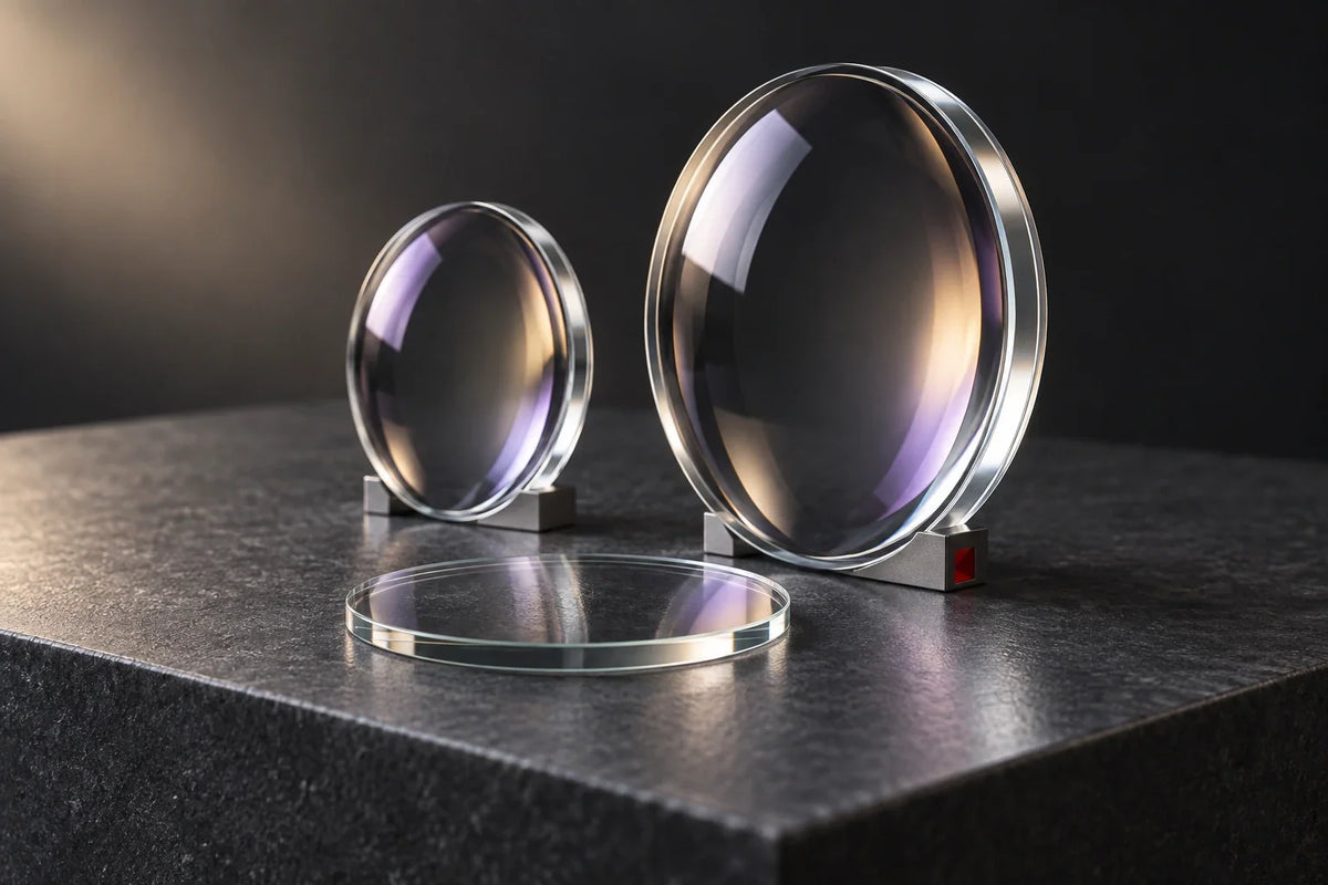 Konzeptionelle Illustration zweier gewölbter Laseroptiken und eines planen Schutzglases auf dunklem Untergrund.