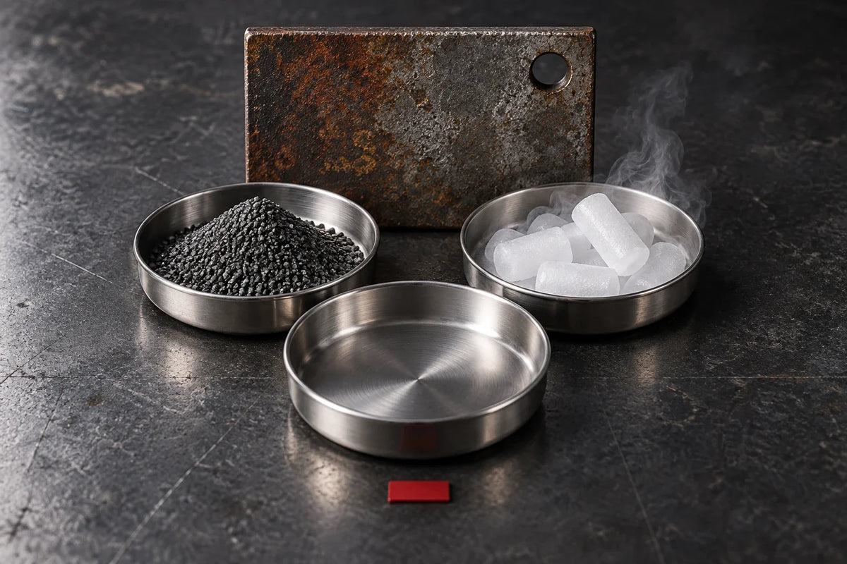Symbolische Materialillustration zum Reinigungsvergleich: leere Schale für ein Verfahren ohne Strahlmittel, abrasives Granulat und Trockeneispellets vor einer Metallprobe.