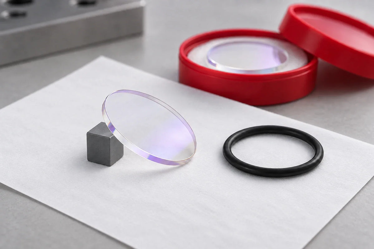 Konzeptionelle Illustration eines runden Schutzglases mit separatem Dichtring und geschütztem Ersatzglas.