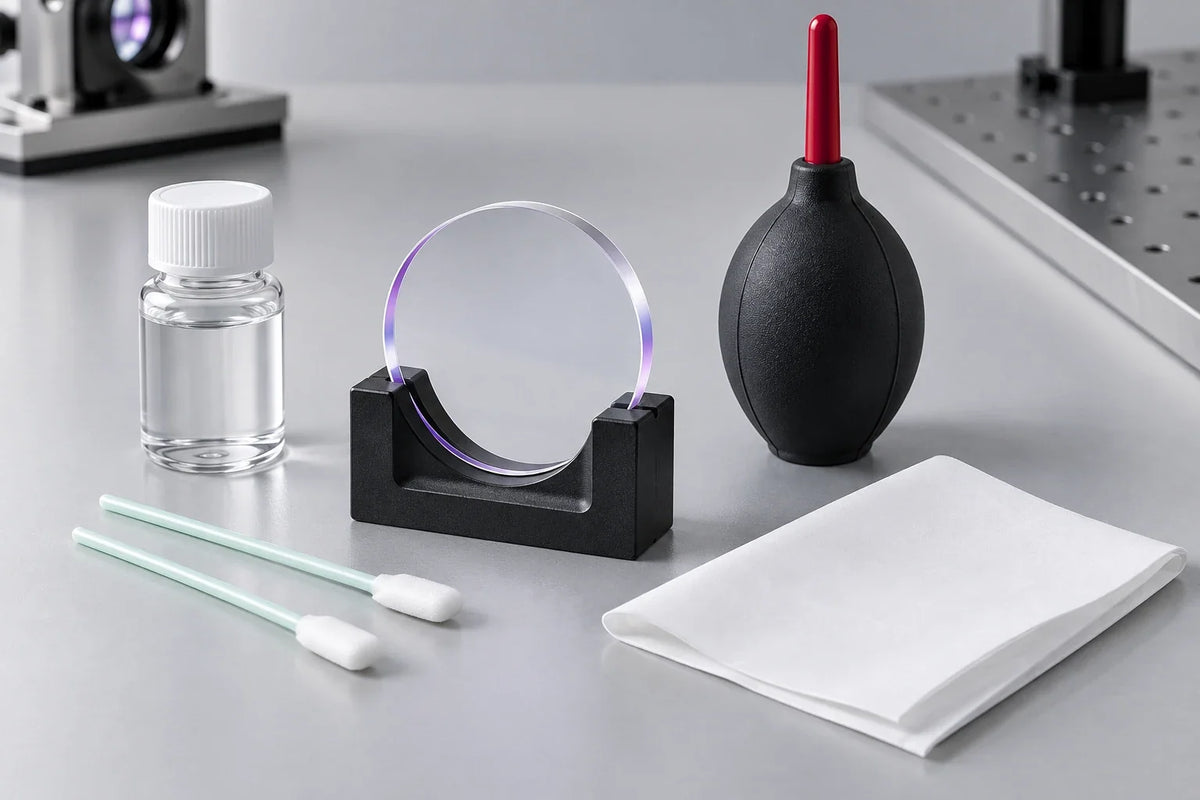 Illustration einer vorbereiteten Optikpflege mit Schutzglas, Handblasebalg, Reinigungsflasche, Optikstäbchen und glattem Reinigungstuch.
