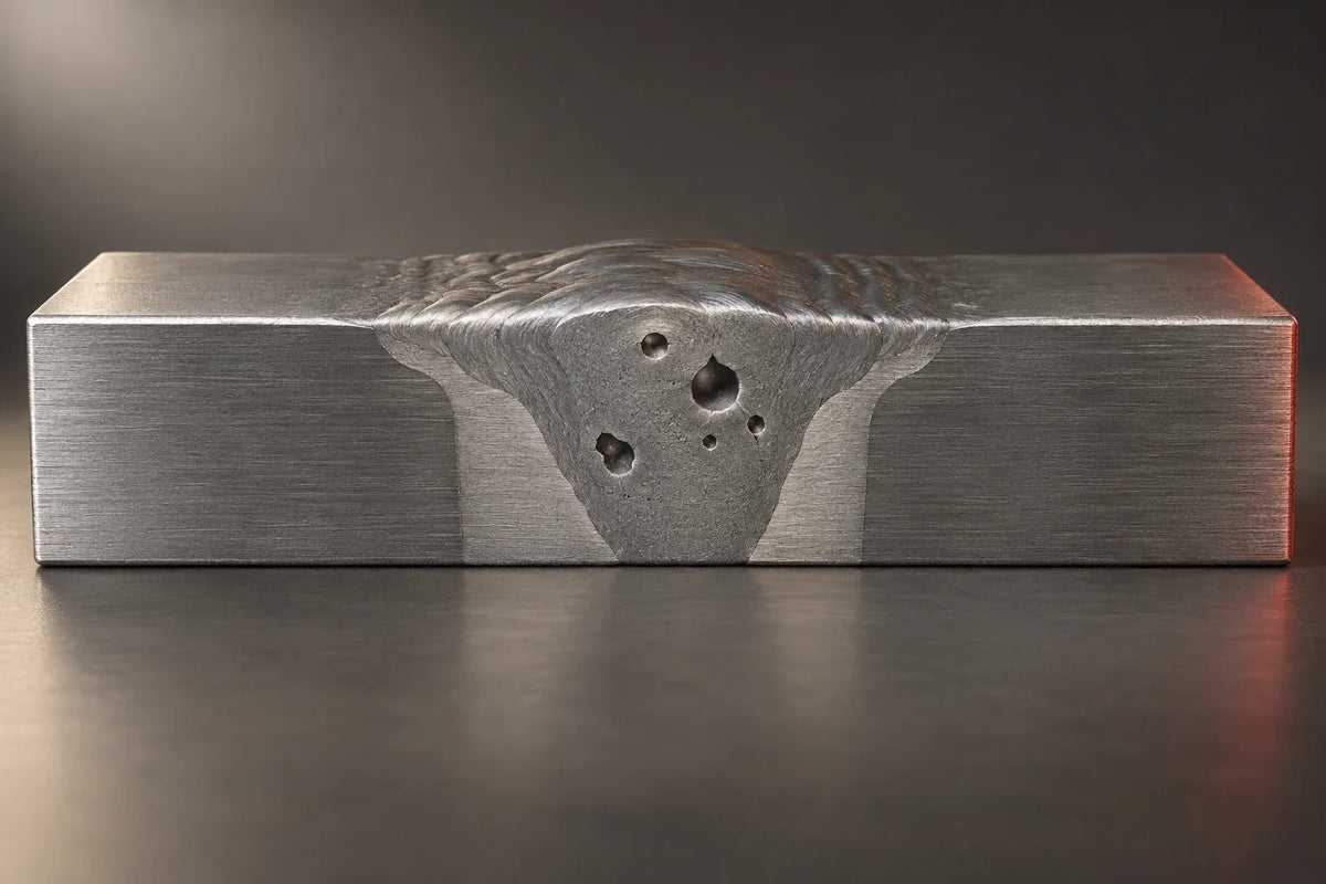 Schematische 3D-Illustration eines aufgeschnittenen Metallstücks mit Poren im Bereich der Schweißnaht.