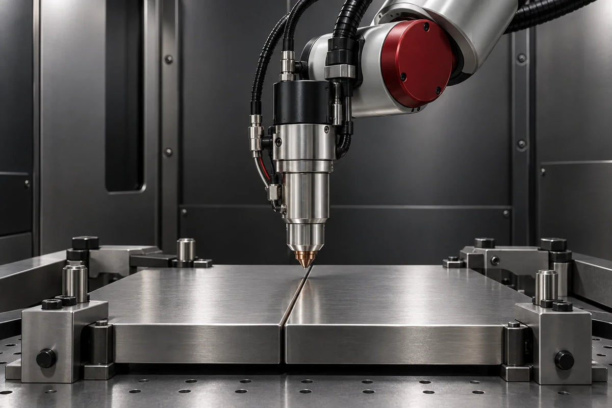 Konzeptionelle 3D-Darstellung einer Roboter-Schweißstation mit eingespanntem Metallbauteil.