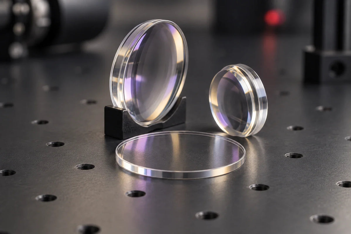 Konzeptillustration von gewölbten optischen Linsen und einem planen Schutzglas für einen Laserschweißkopf.