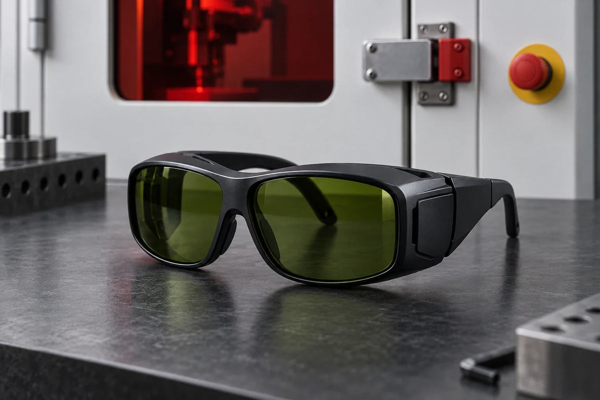 Konzeptionelles Motiv zur Lasersicherheit mit Schutzbrille und verriegelter Schutztür.