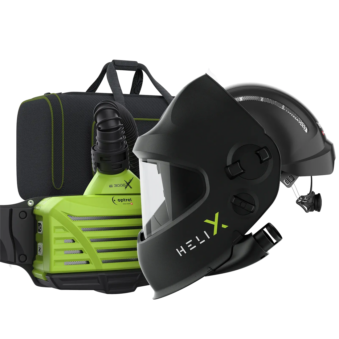 optrel Ready to weld package helix pure air quattro schwarz - Frischluft Slide Up Schweiß- /Schleifhelm mit Industrieschutzhelm schwarz und e3000X (ATEX)