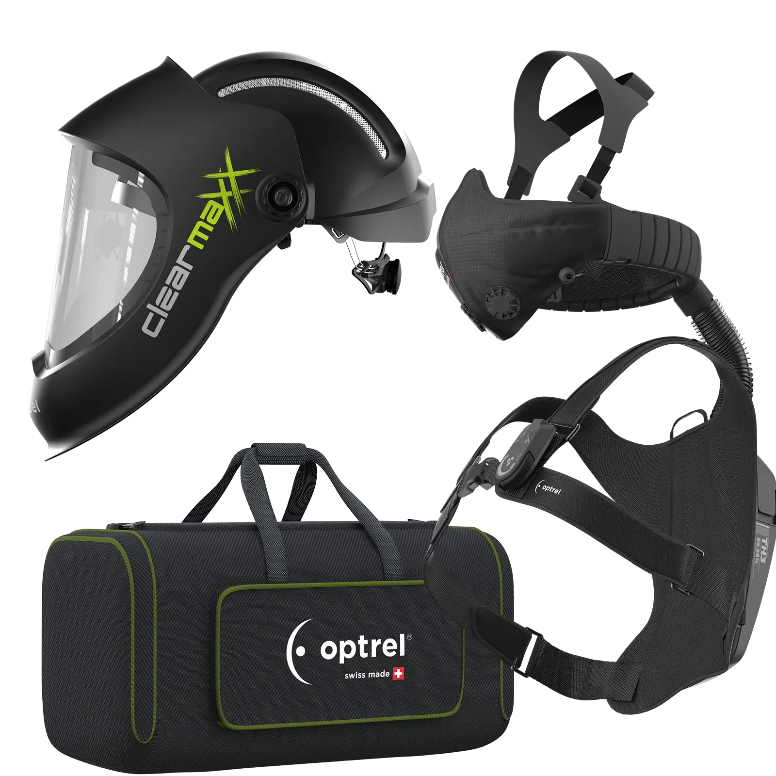 optrel Ready to grind package Clearmaxx mit Industrieschutzhelm schwarz und optrel IsoFit® X headgear - Schleifhelm und swiss air mit control panel