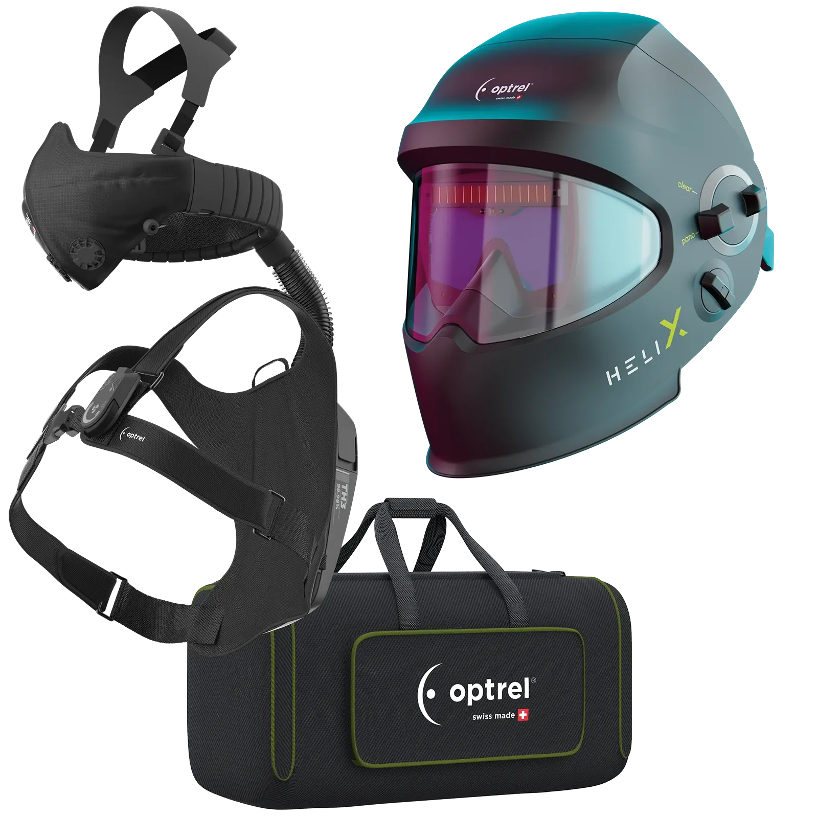 optrel Ready to weld package helix quattro schwarz - Schweißhelm und swiss air mit control panel